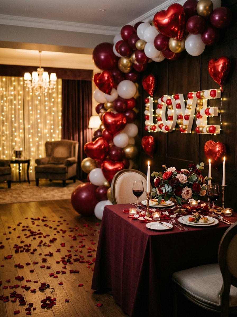 Romantic anniversary decoration with red and gold balloons and candlelit table setting