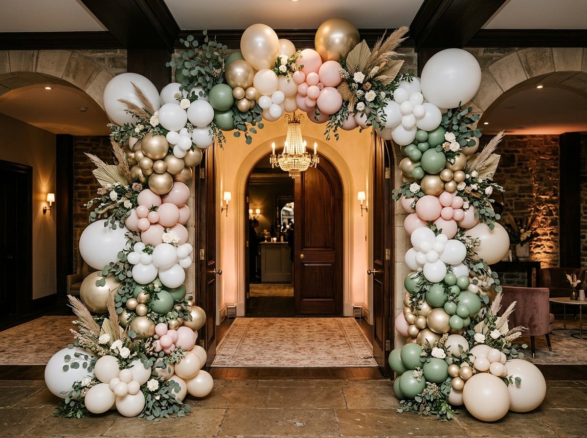 Stunning organic balloon arch with white, champagne, blush and sage green balloons framing an elegant entrance